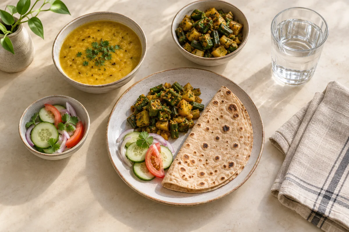 Home-cooked dal, roti and vegetables with a glass of water