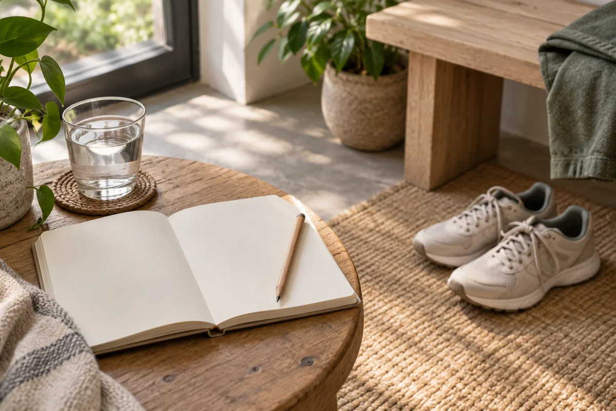 A notebook and walking shoes for planning an everyday routine