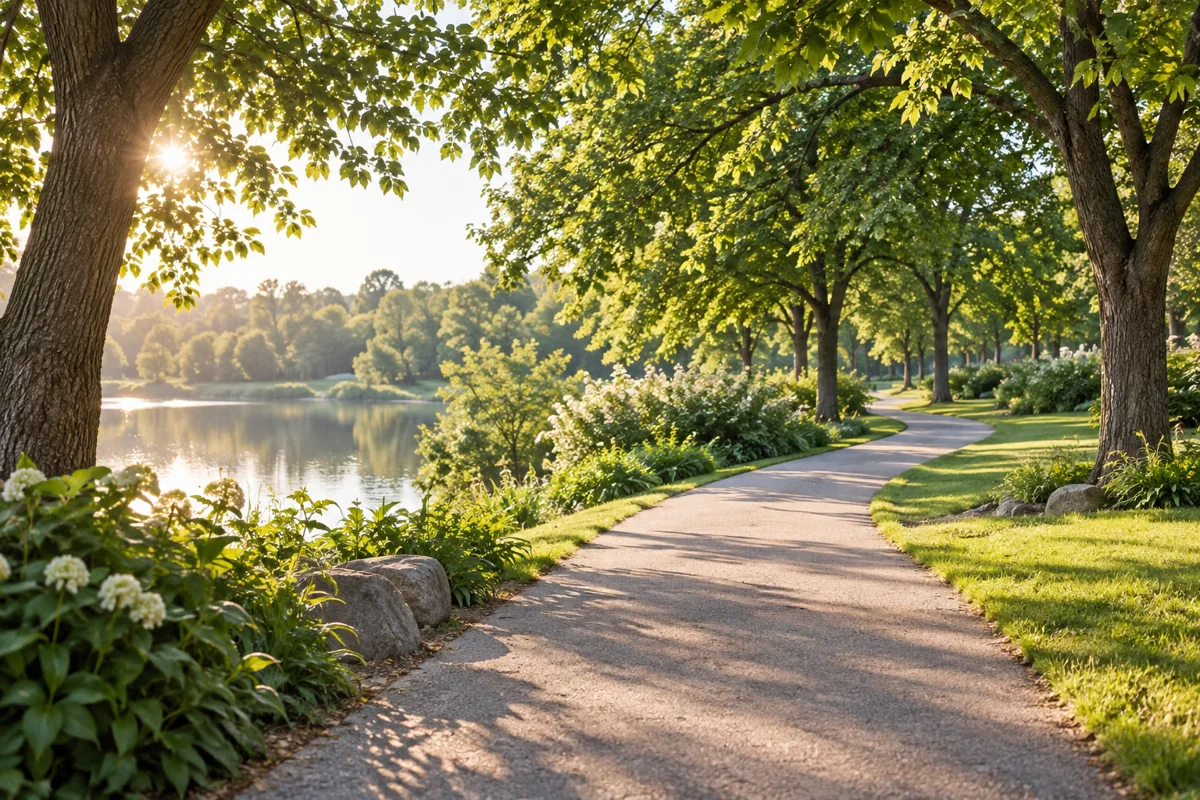 A sunlit walking path through a green park
